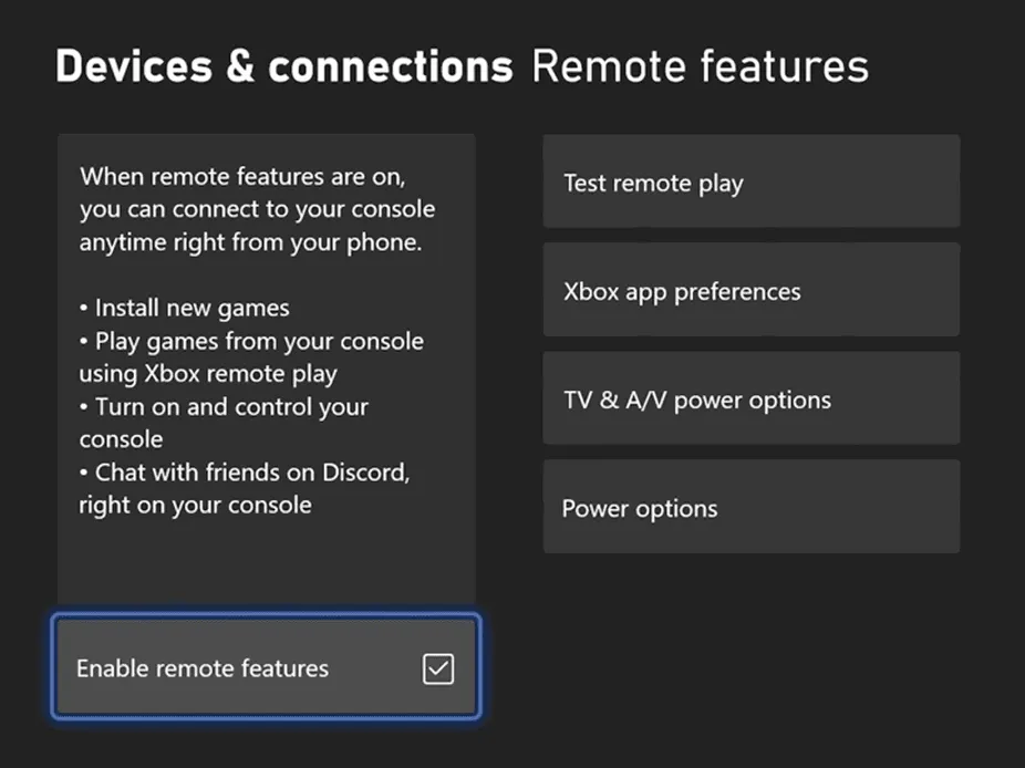 Xbox remote features settings